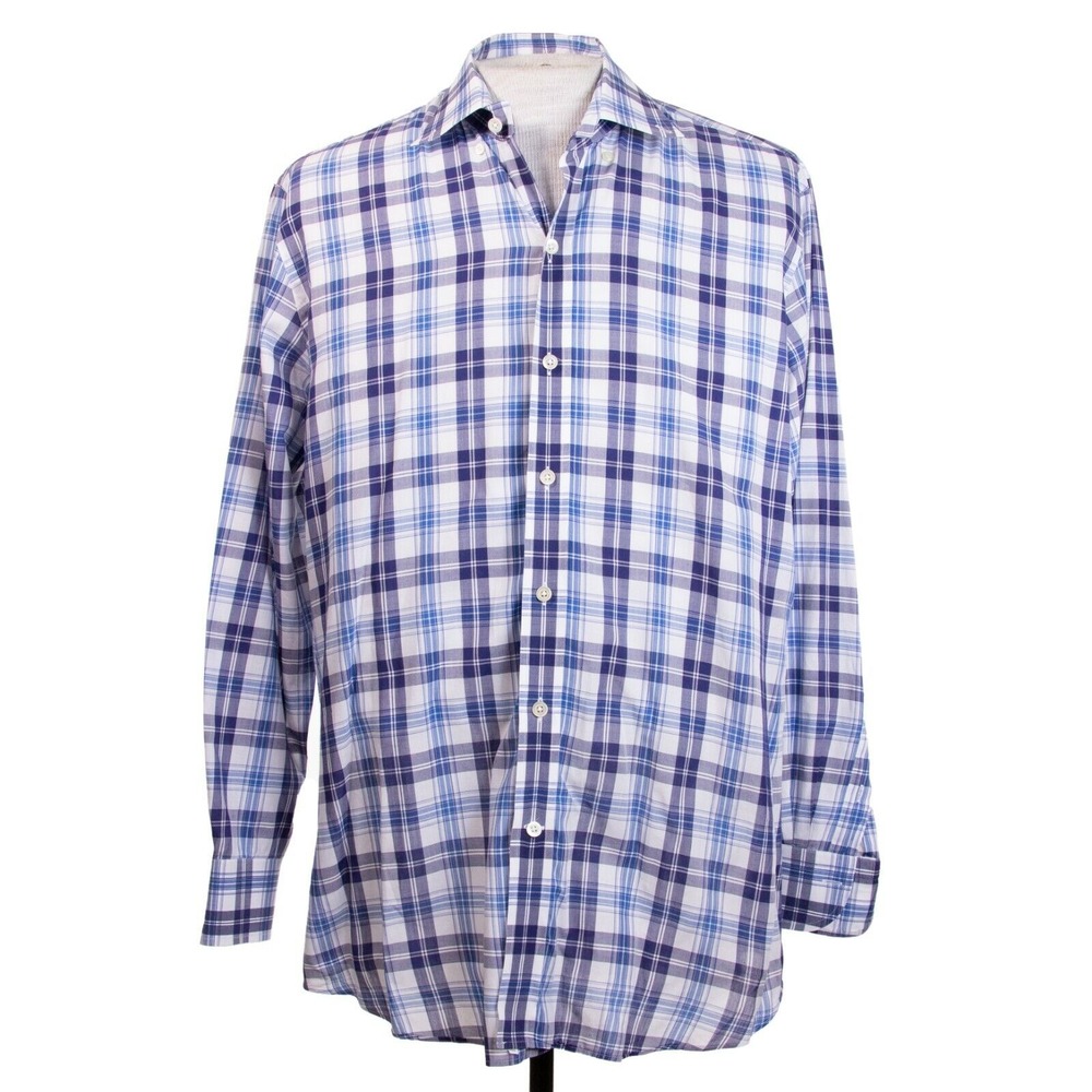 Ledbury USA Mens 16.5 x 34 White Blue Plaid Button Down LS Button‎ Front Shirt